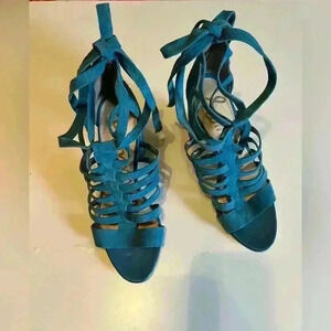 Sam Edelman Teal Blue Leather Strappy Chunky Heel, Size 8